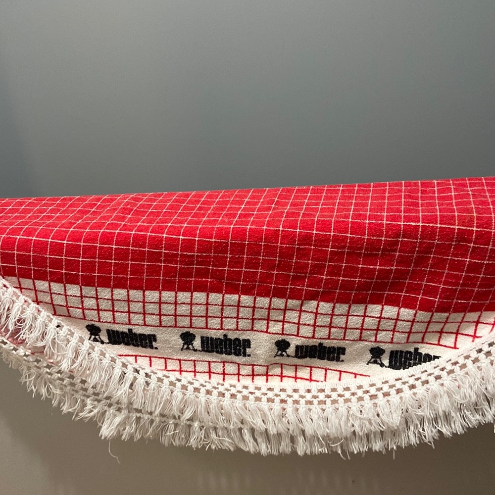 Vtg Weber Grill Logo Terry Cloth Round Fringed Tablecloth Grilling Party Picnic